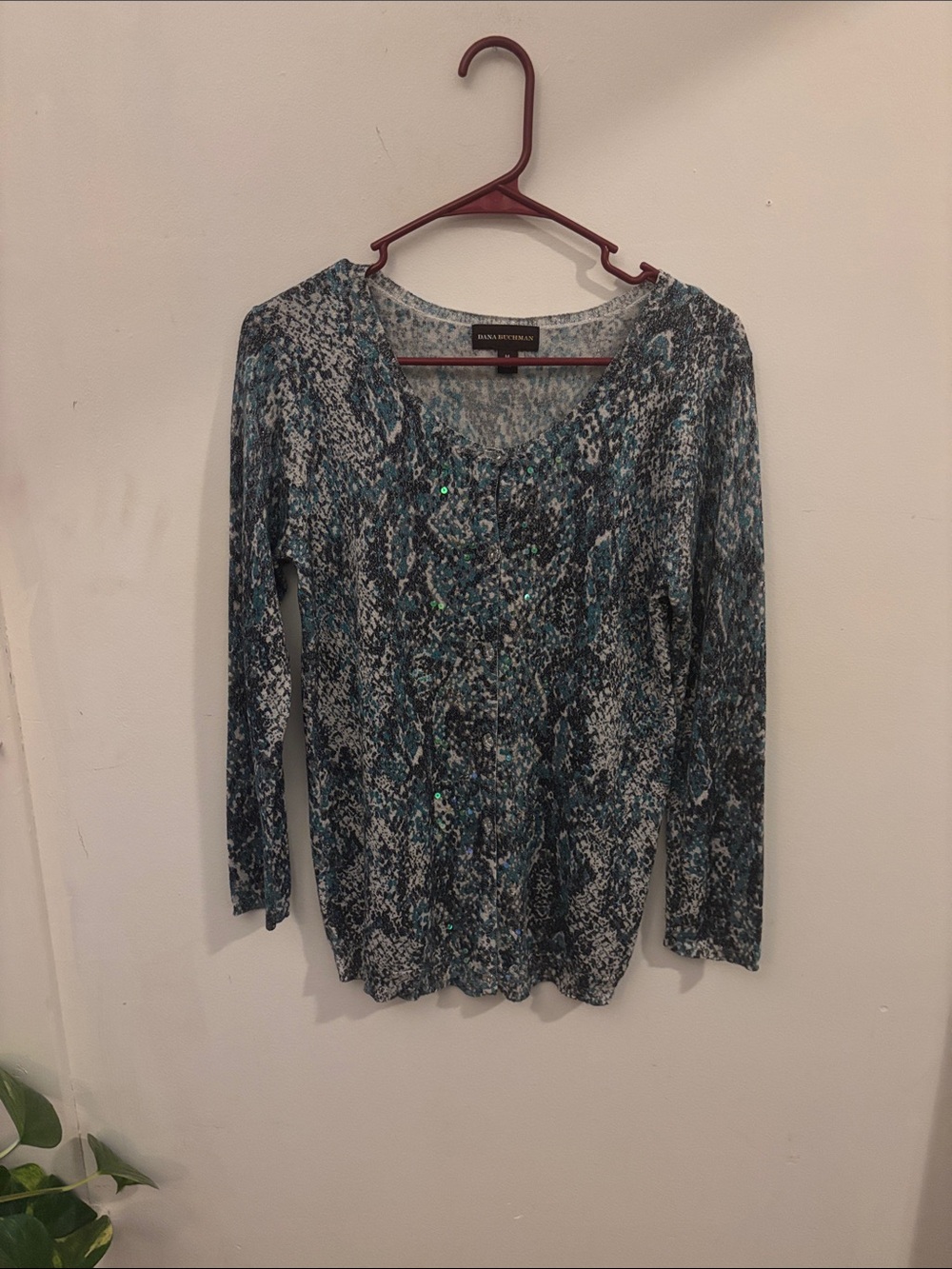 Dana Buchman Teal Snakeskin Sequin Metallic Cardigan Sweater Blue Green Sz M